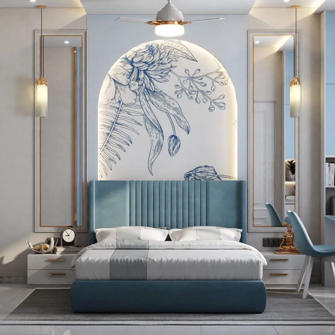 Bedroom with a blue velvet bed set against a botanical arch mural