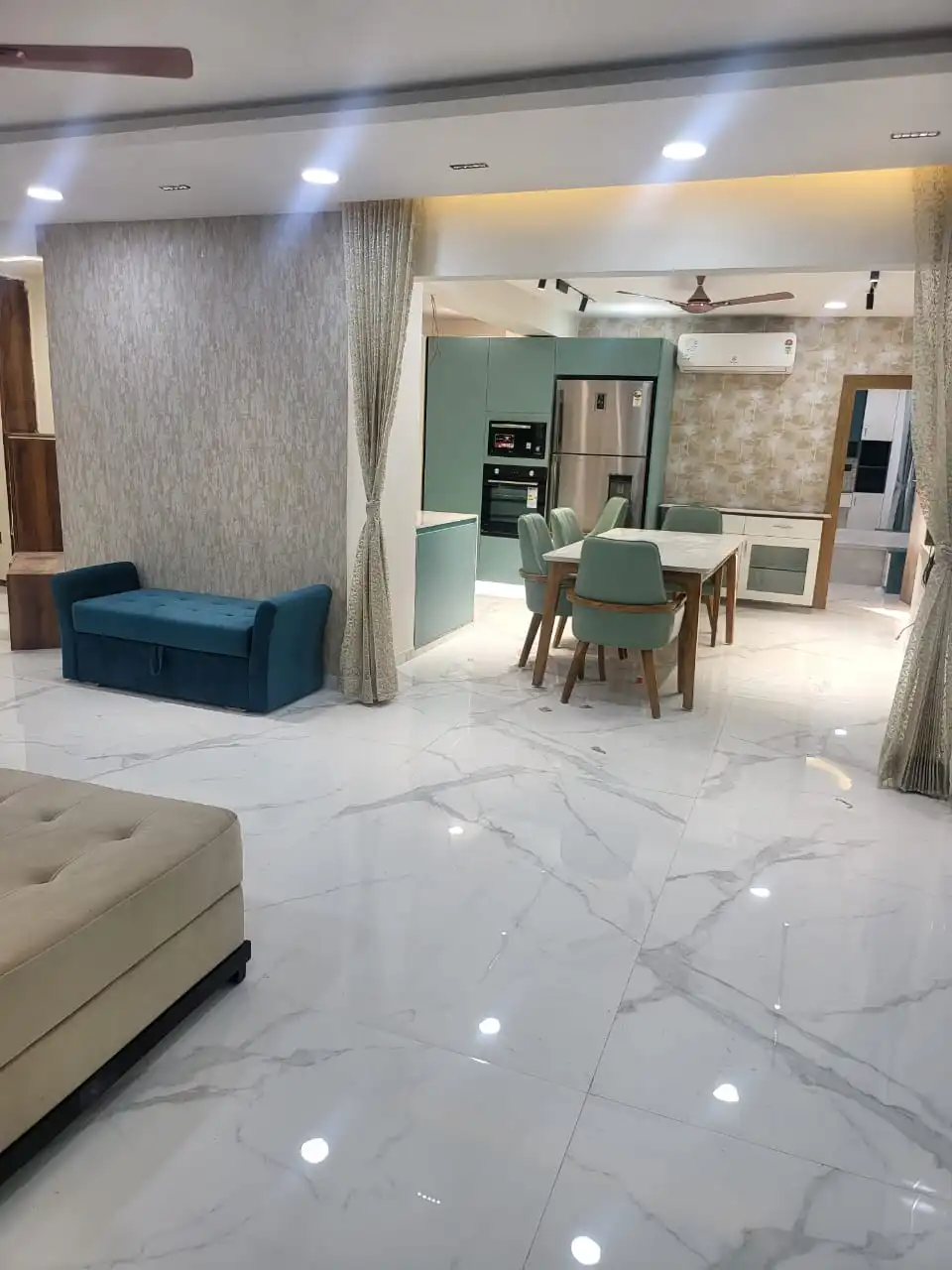 Luxury dining space with a large statement table and elegant lighting