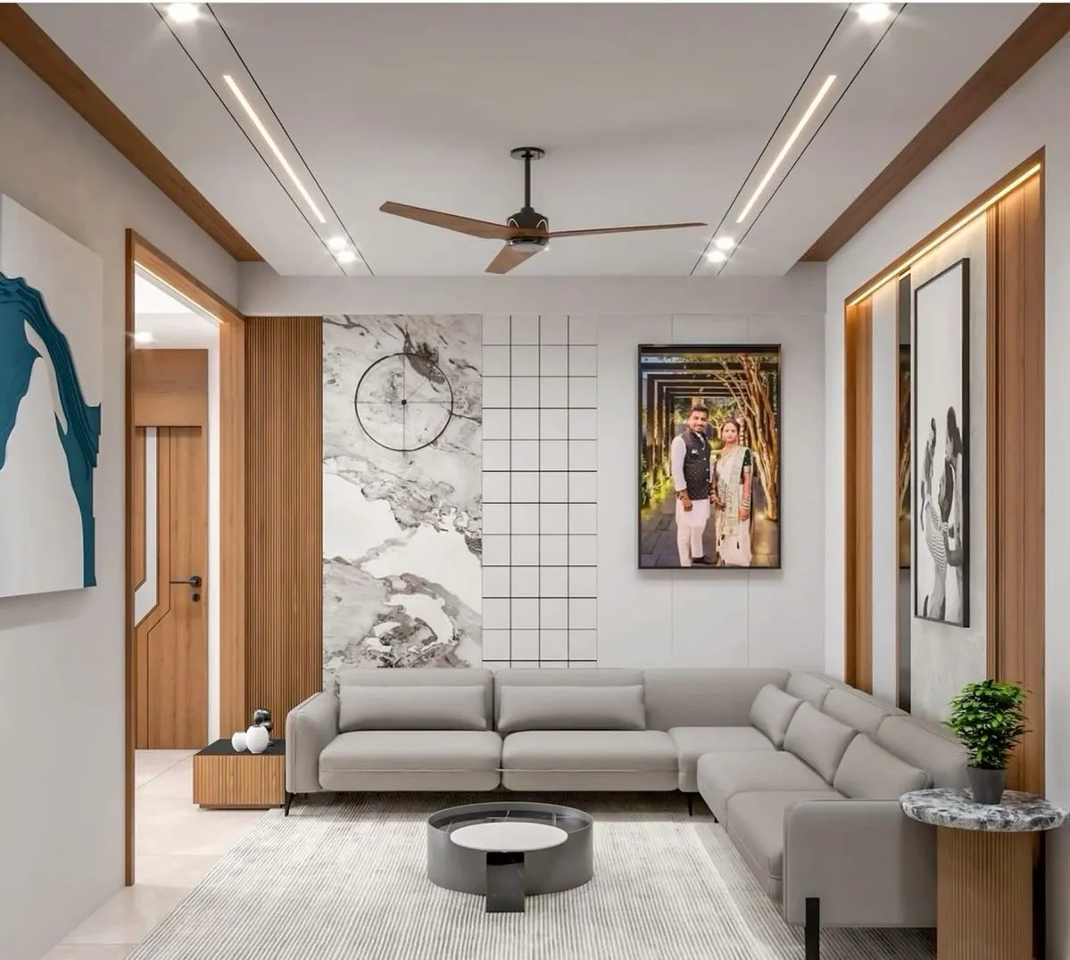 Minimalist living room with grey sectional sofa and warm lighting