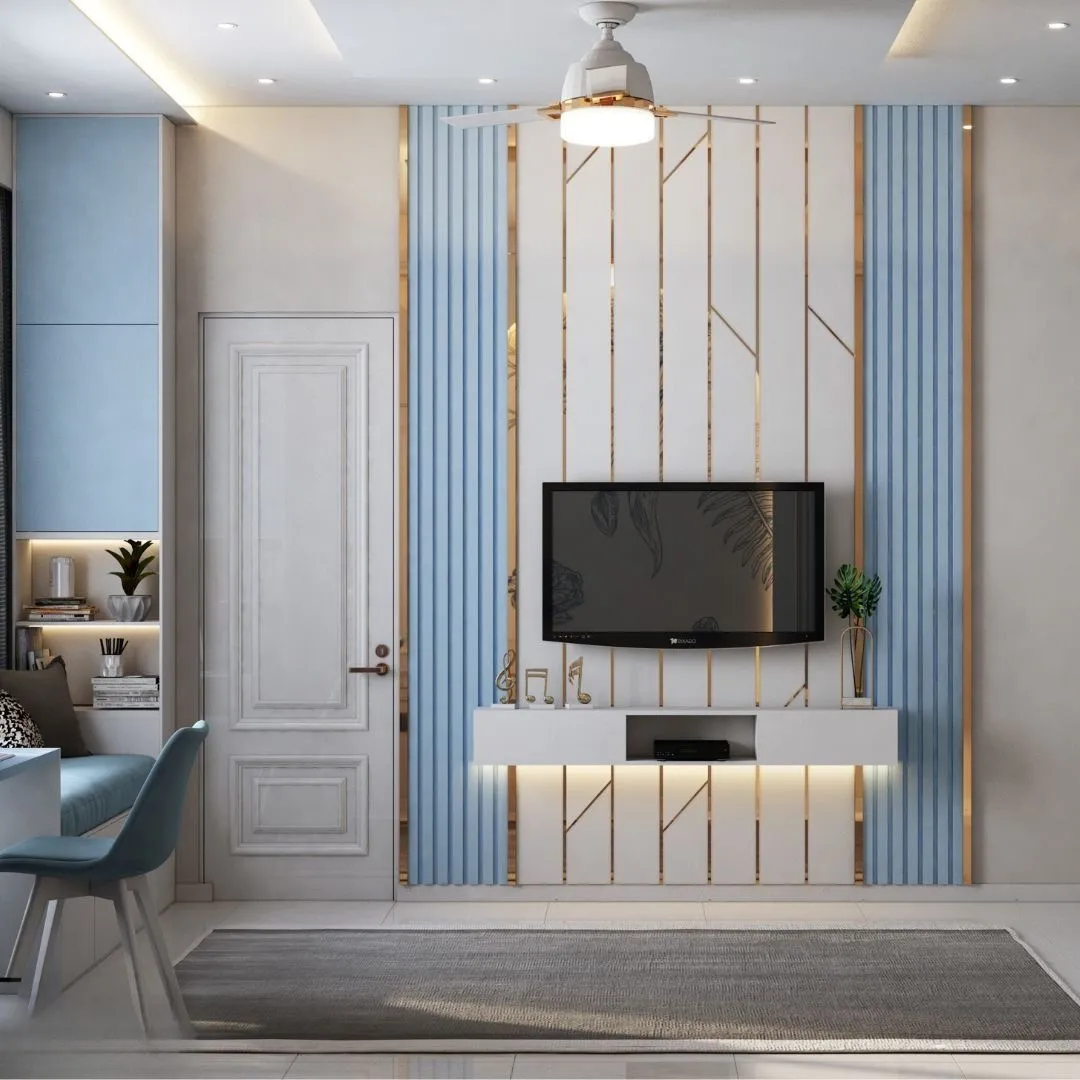 Modern TV media wall surrounded by fluted blue panels