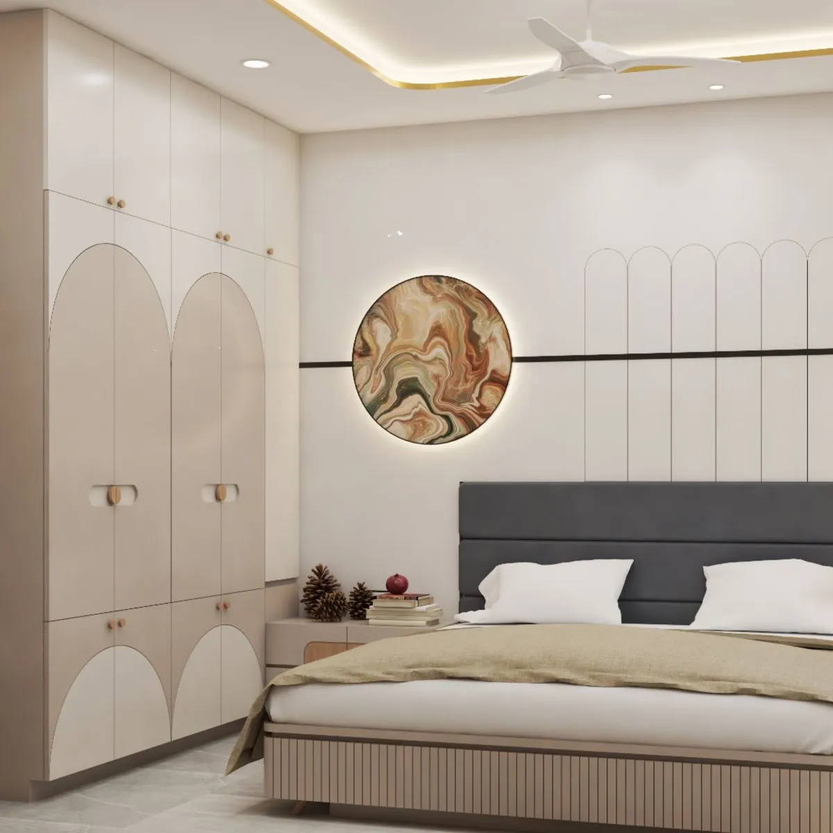 Neutral bedroom featuring arched wardrobes and marble wall art