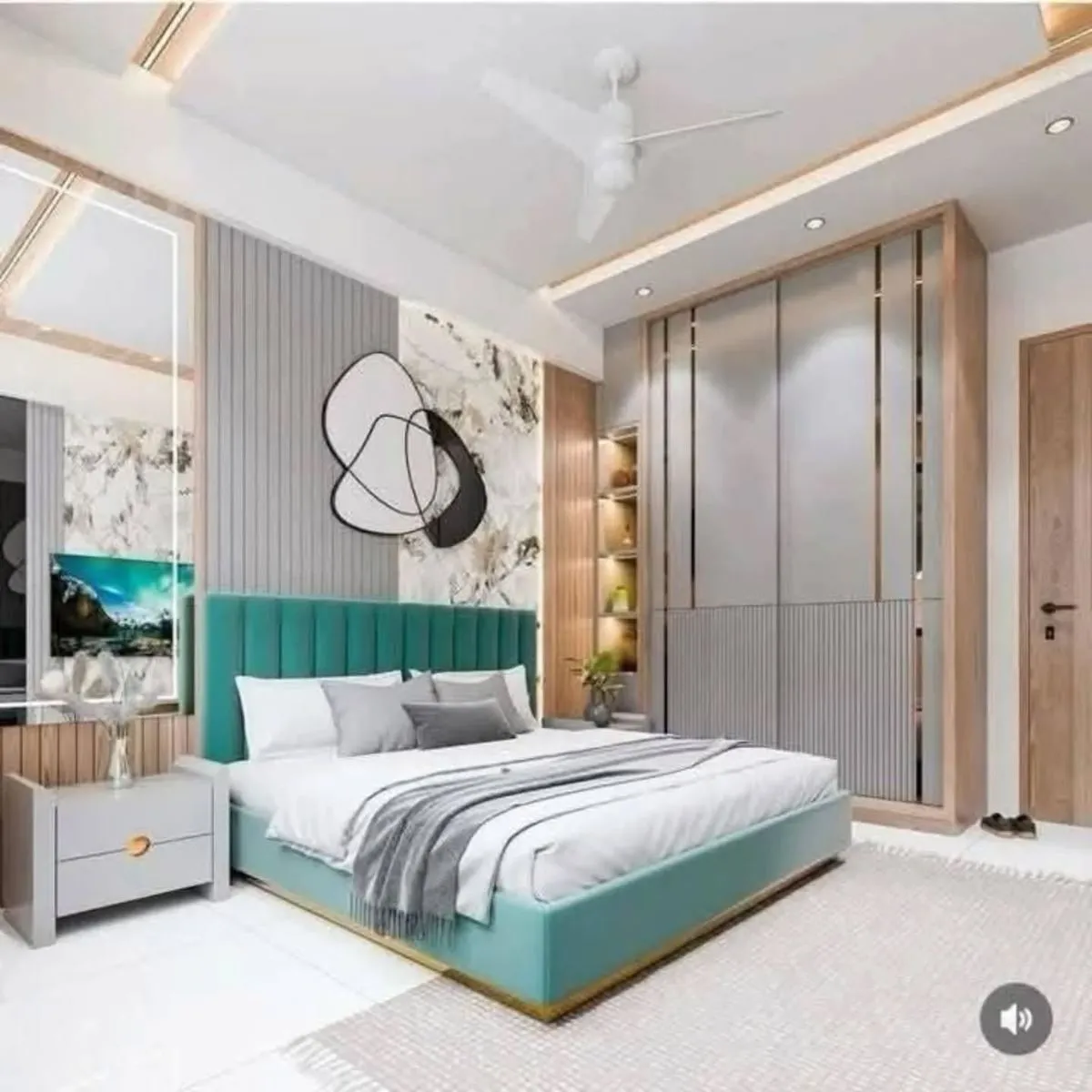 Bedroom with a teal upholstered bed and fluted grey wardrobes