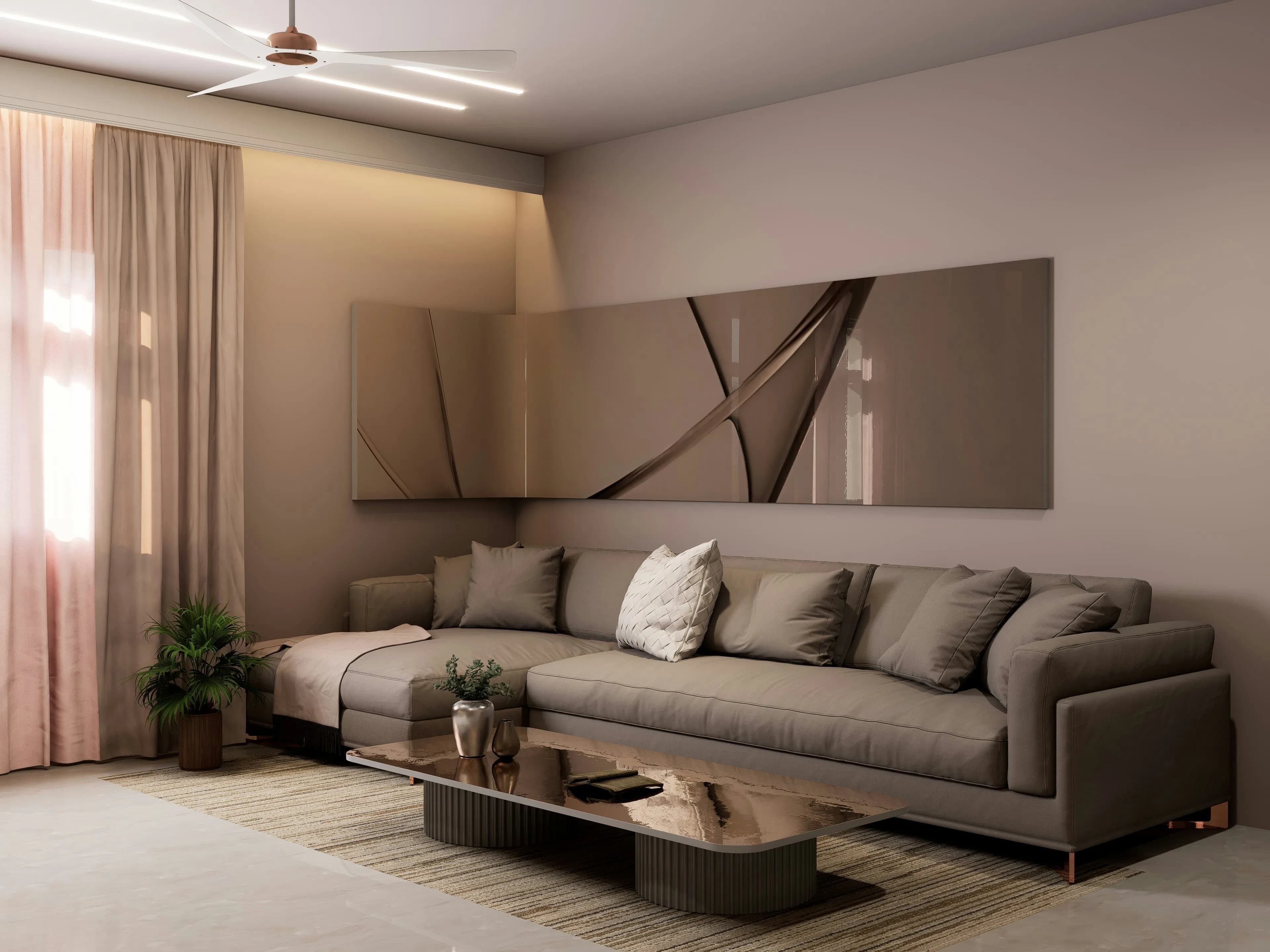 Dynamic urban living space with sleek modern furniture, neutral tones, and sophisticated design elements.
